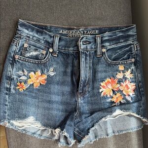 American Eagle Outfitters Blue Denim Shorts with Yellow-Orange Floral Embroidery